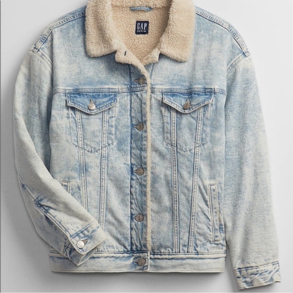 Gap Oversized Sherpa Lined Icon Denim Jacket in Light Willow, size S
